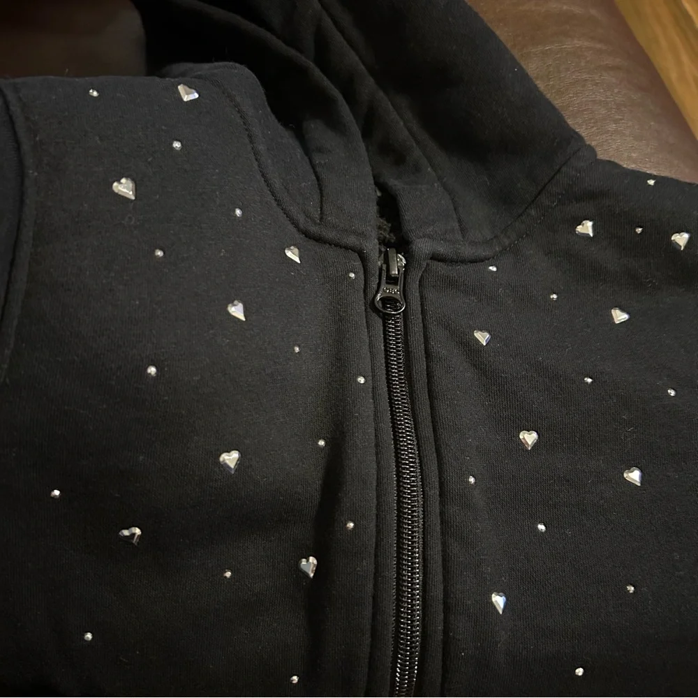 Old Navy Girls Sherpa Lined Full‎ Zip Hoodie Small 6-7 Black with Silver Hearts